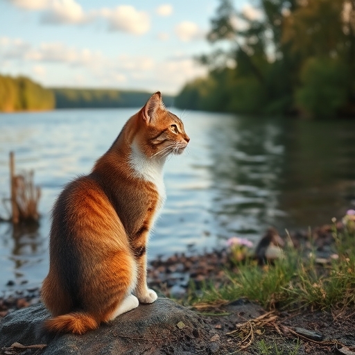 A cat on the riverbank looks into the distance